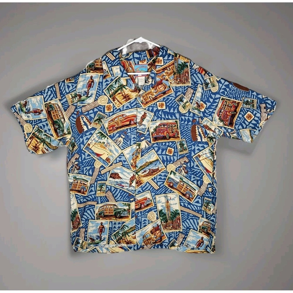 Joe Kealoha Hawaiian Shirt Men XL Blue Postcard Woody Wagon Surf Rayon Aloha